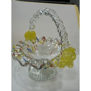 Vintage Hand Blown Art Glass Basket Confetti Spatter Ruffled Yellow Floral 6"